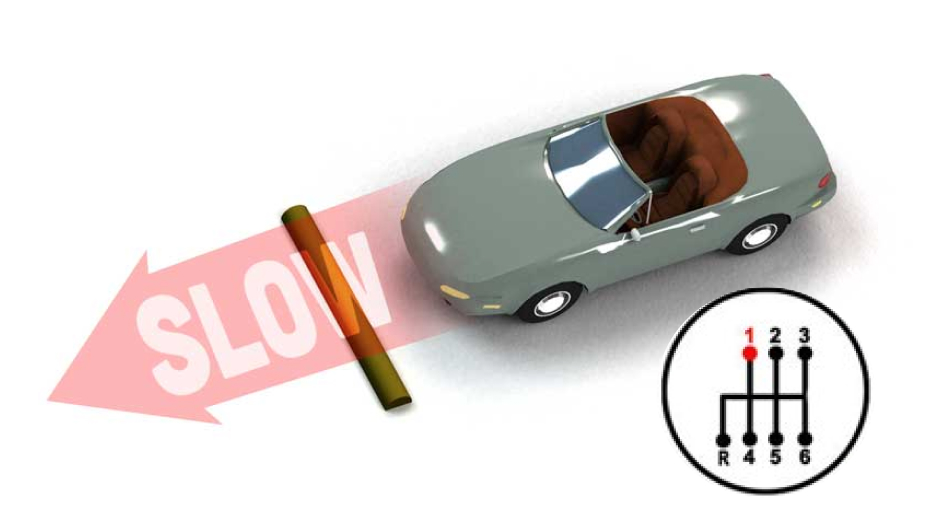 Автомобіль перетинає лежачий поліцейський на низькій швидкості з порадами щодо використання першої передачі